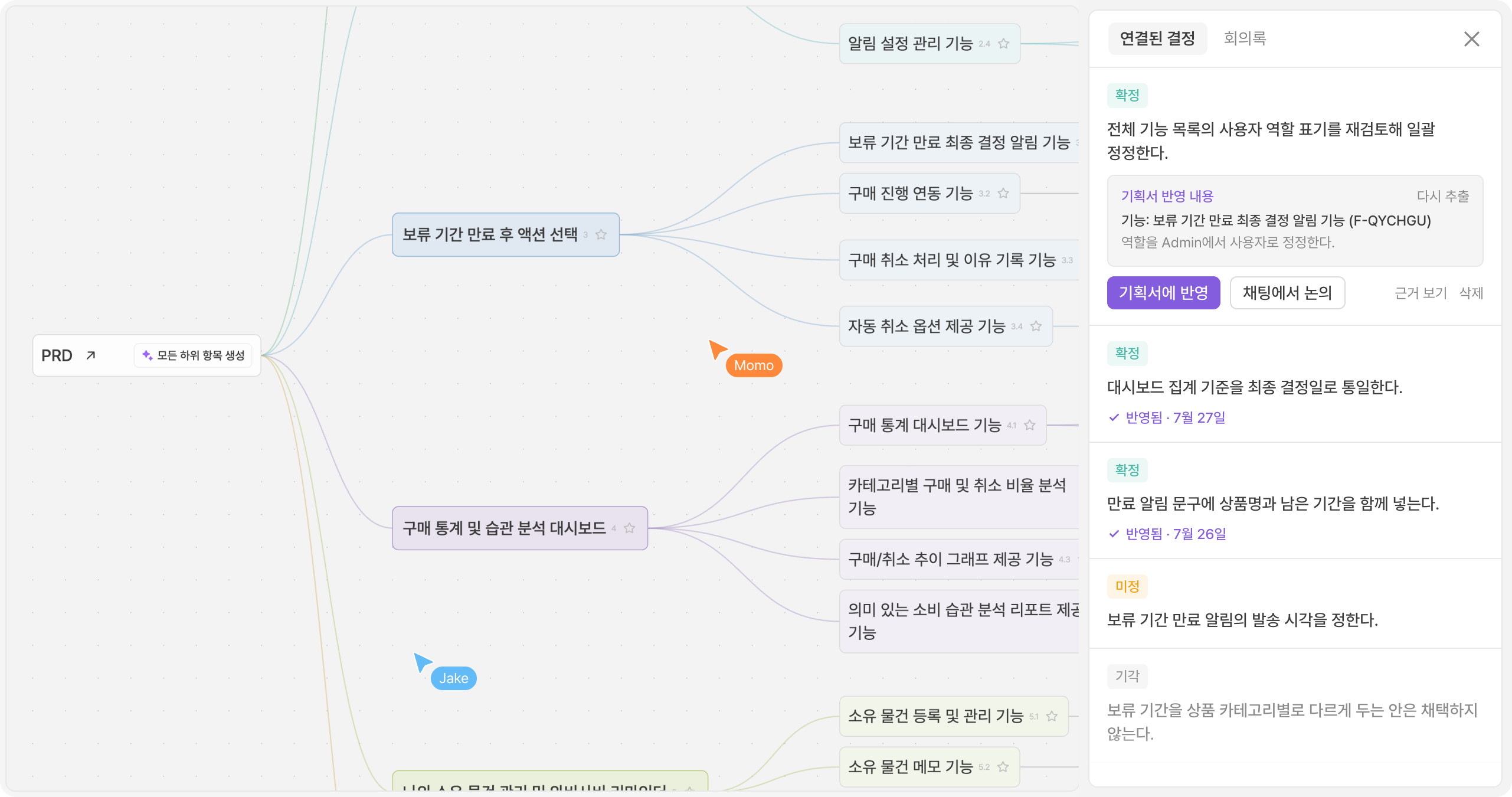 기획실 회의록과 추출된 결정 목록이 보이는 매니패스트 화면
