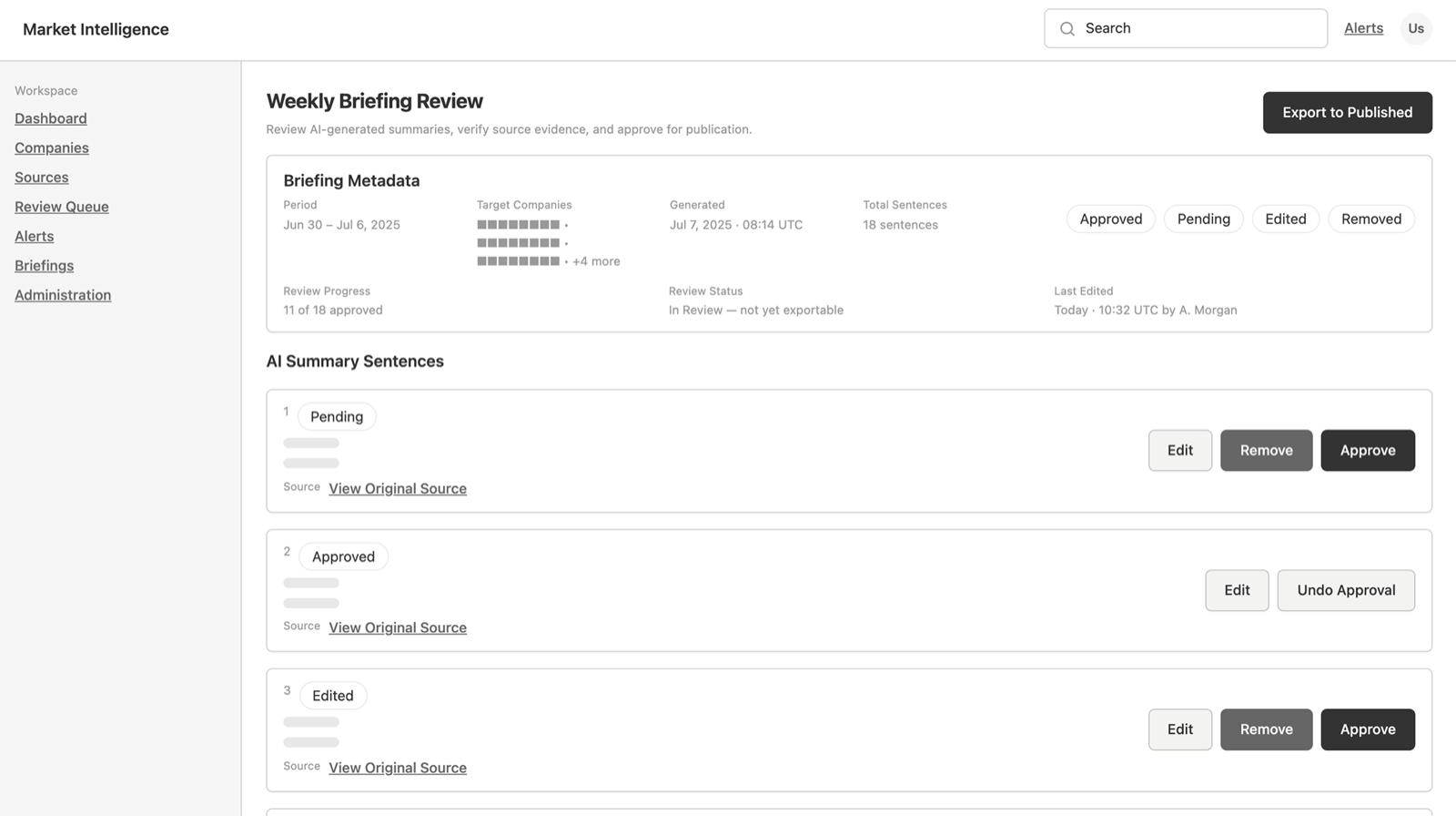 Auto-generated wireframe of the weekly briefing review screen